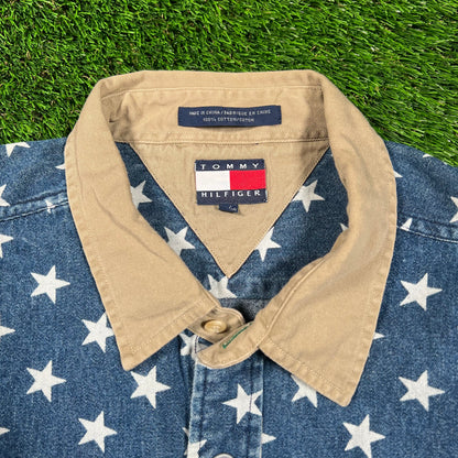 Tommy Hilfiger Star Pattern Denim Button Up Shirt Size XL USED v18582