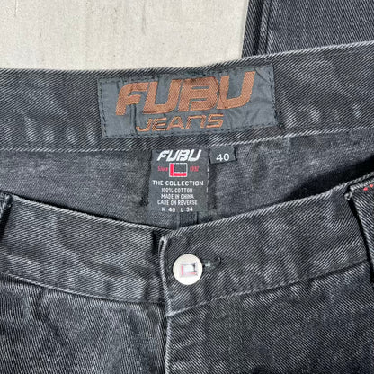 Y2K Fubu Black Denim Jeans Pocket Logo Size 40 USED v20298