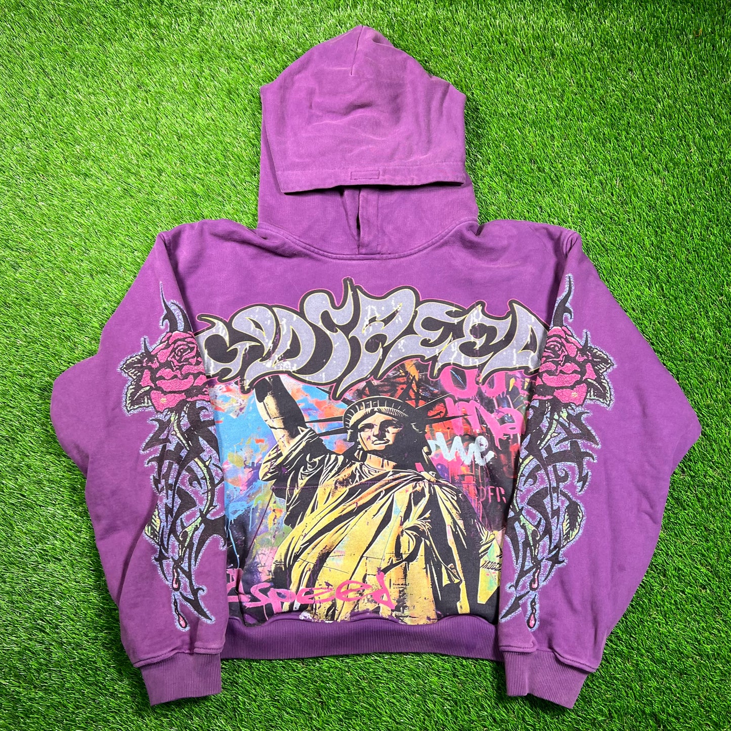 Godspeed Vandal Statue of Liberty Purple Hoodie Size Small USED x16852