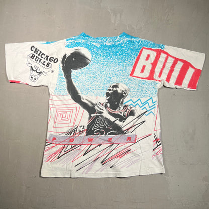 Michael Jordan Magic Johnson Tag Full Print Blue/White Tee Size Medium USED v5615