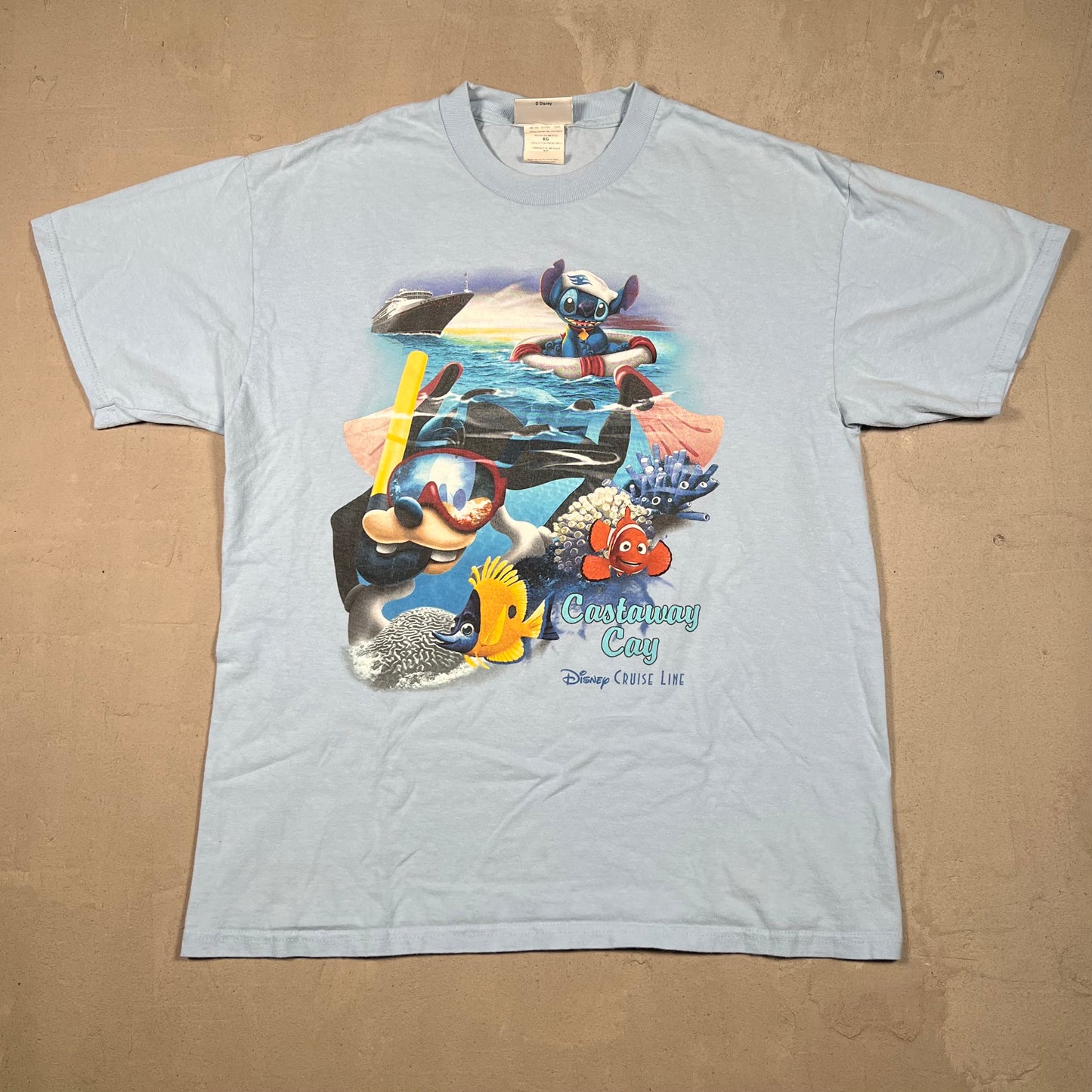Y2K Disney Cruise Line Castaway Cay Light Blue Tee Size Small USED v19142