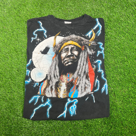1990s American Thunder Native American Black Tee Size Large USED v17692