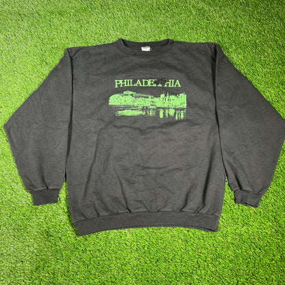 1990s Philadelphia Green Skyline Black Crewneck Size Large USED v16537