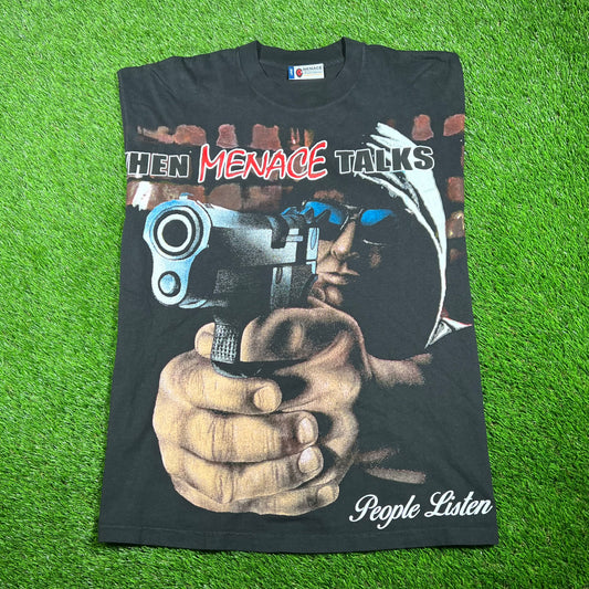 When Menace Talks People Listen Gun Black Tee Size Large USED v17653