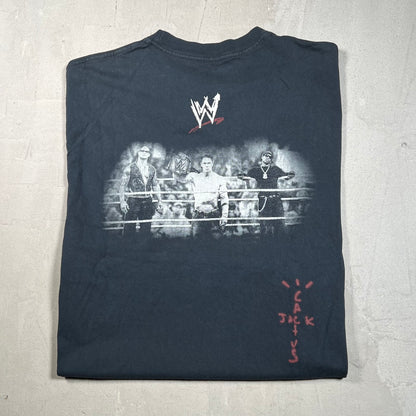WWE Travis Scott "Wrestling Is Real" Navy Tee Size Large USED x17511