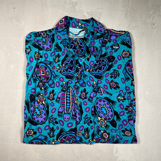 1990s Rainbow Jo Aqua Print Button Up Tee Size Large USED v19137