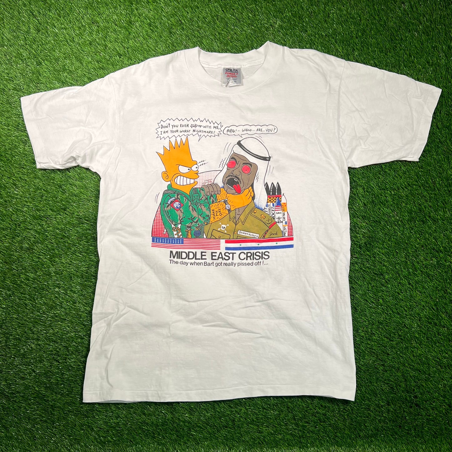 1990s Bart Simpson Saddam Hussein Cartoon White Tee Size XL USED v18690