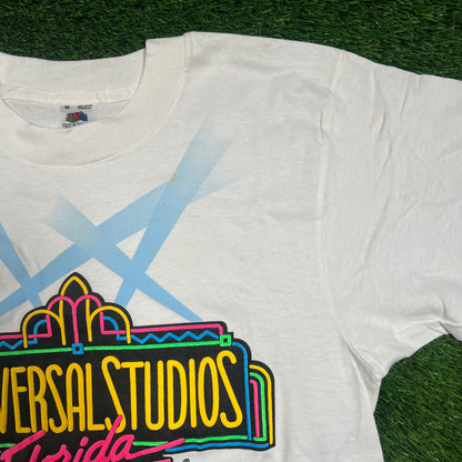 1990's Neon Logo Universal Studios Florida White Tee Size Medium USED v18286