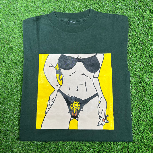 1990s Iggy Pop Beat Em Up Lady Green Tee Size Medium USED v17161