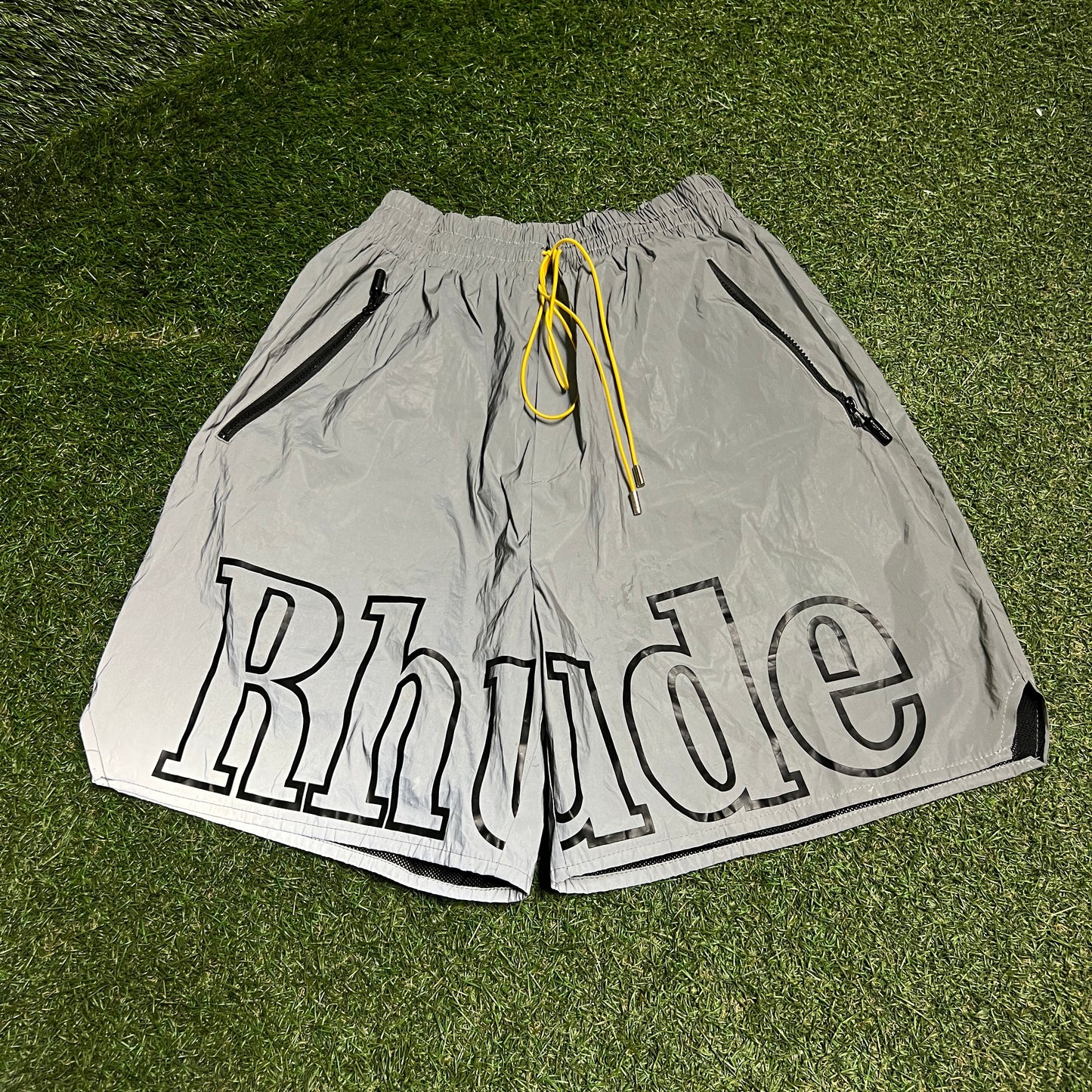 Rhude Reflective Big Logo Silver Shorts Size XL USED x14288