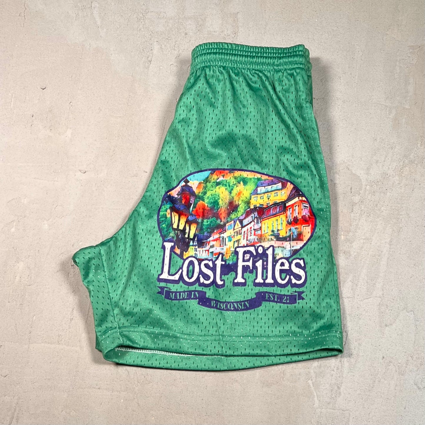 Lost Files Mesh Shorts Green "Wisconsin" Size Small USED v19423