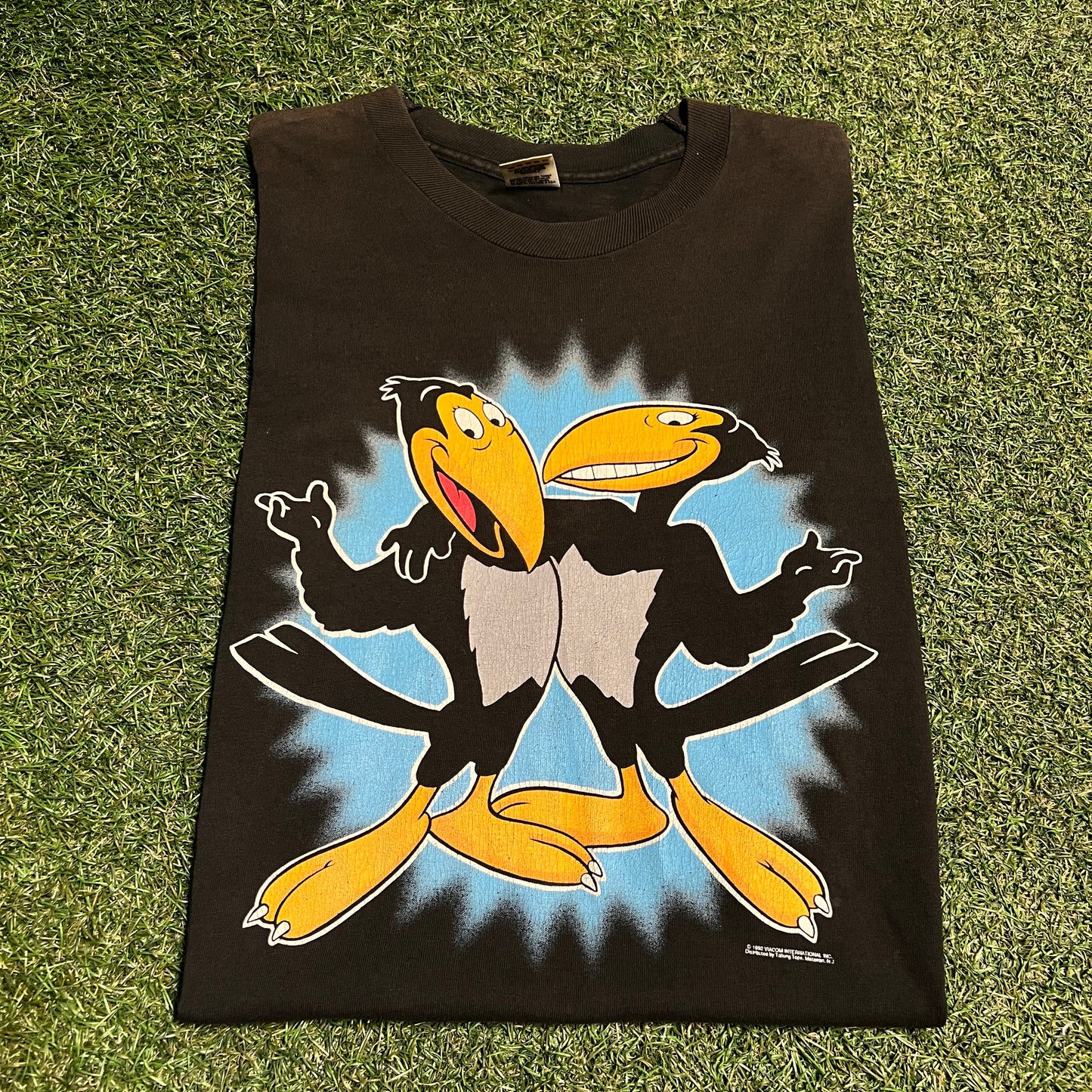 1992 Heckle & Jecle Birds Cartoon Black Tee Size Large USED v16399