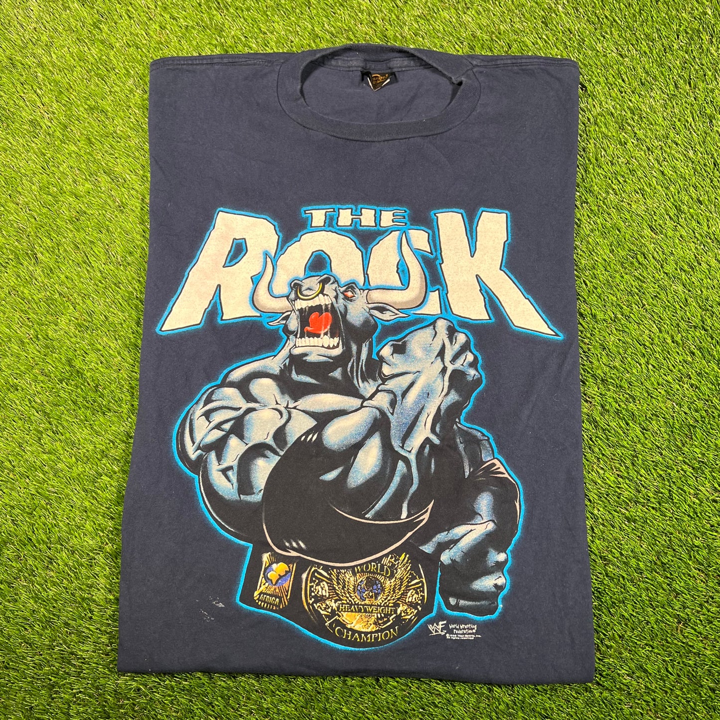 1998 The Rock WWF Bull Champ Navy Blue Tee Size 3XL USED v17937
