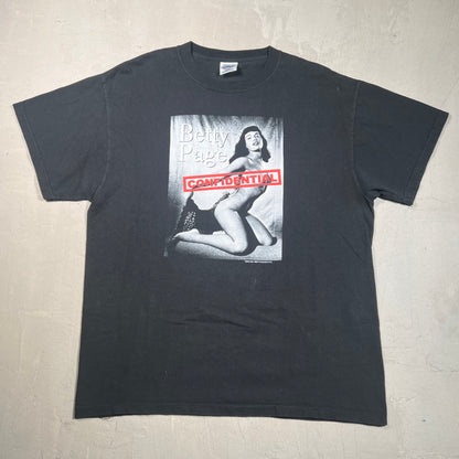Y2K Betty Page "Confidential" Portrait Tee Black Size Large USED v19381