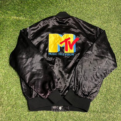 1990s MTV Satin Black Button Up Jacket Size Large USED v16496