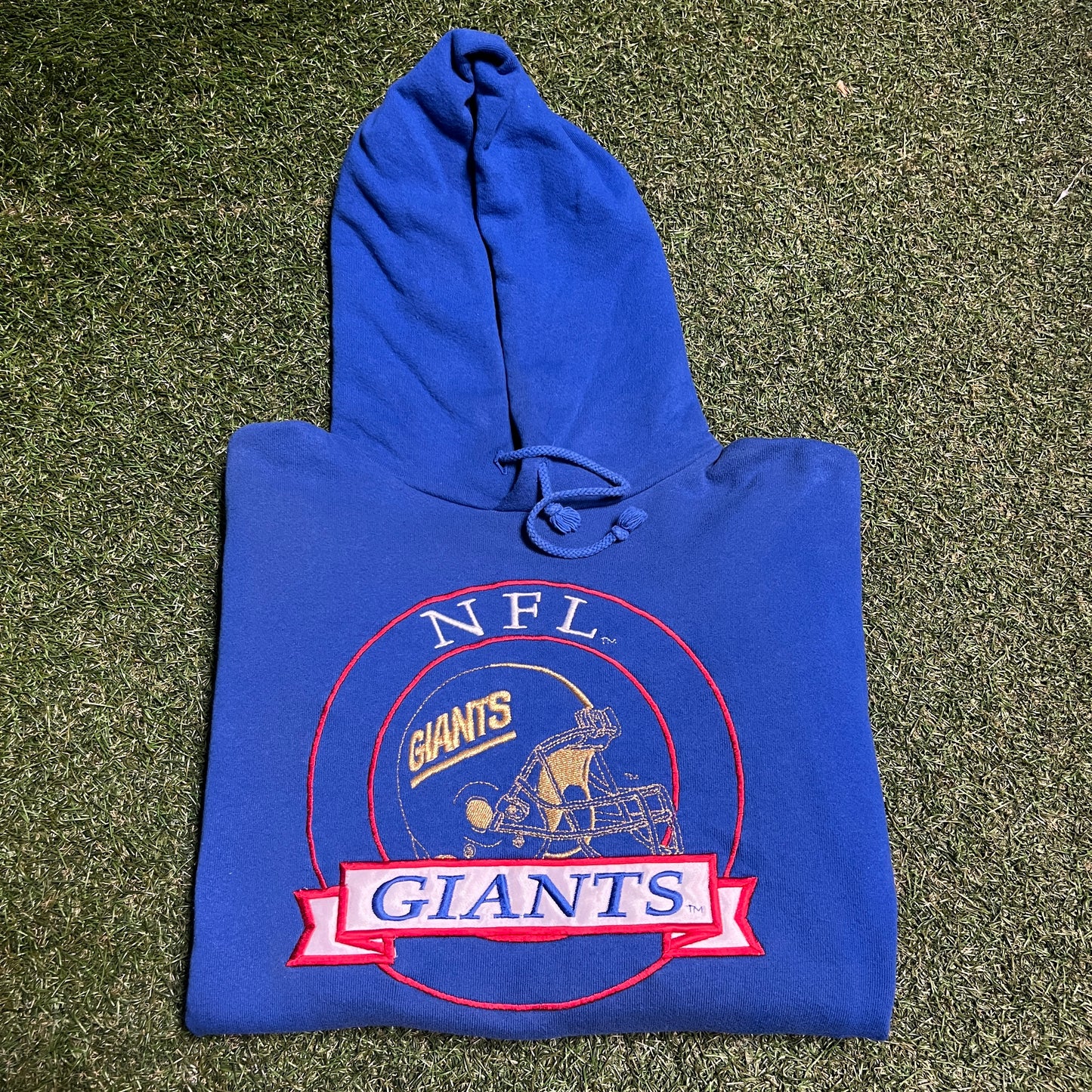 2000s NFL Giants Gold Helmet Blue Hoodie Size Medium USED v16219