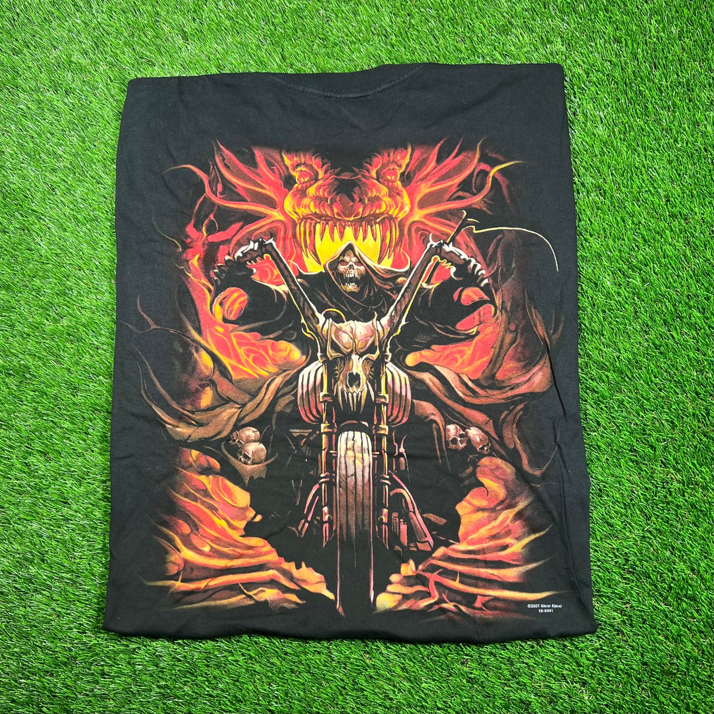 2007 Skull Bone Ghost Rider Flame Black Tee Size XL USED v18696