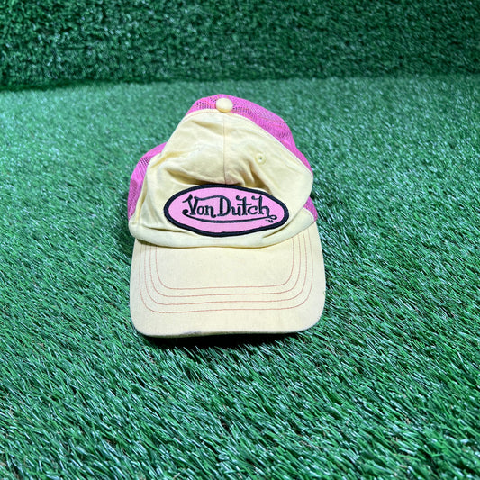 Y2K Von Dutch Yellow/Pink Trucker Snapback Hat USED v18121