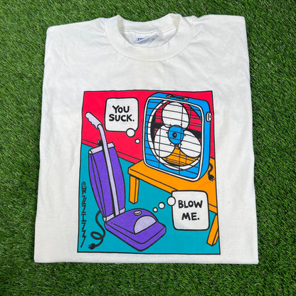 1990s You Suck Blow Me Vaccum Fan Art White Tee Size Large USED v16651