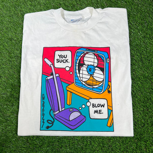 1990s You Suck Blow Me Vaccum Fan Art White Tee Size Large USED v16651