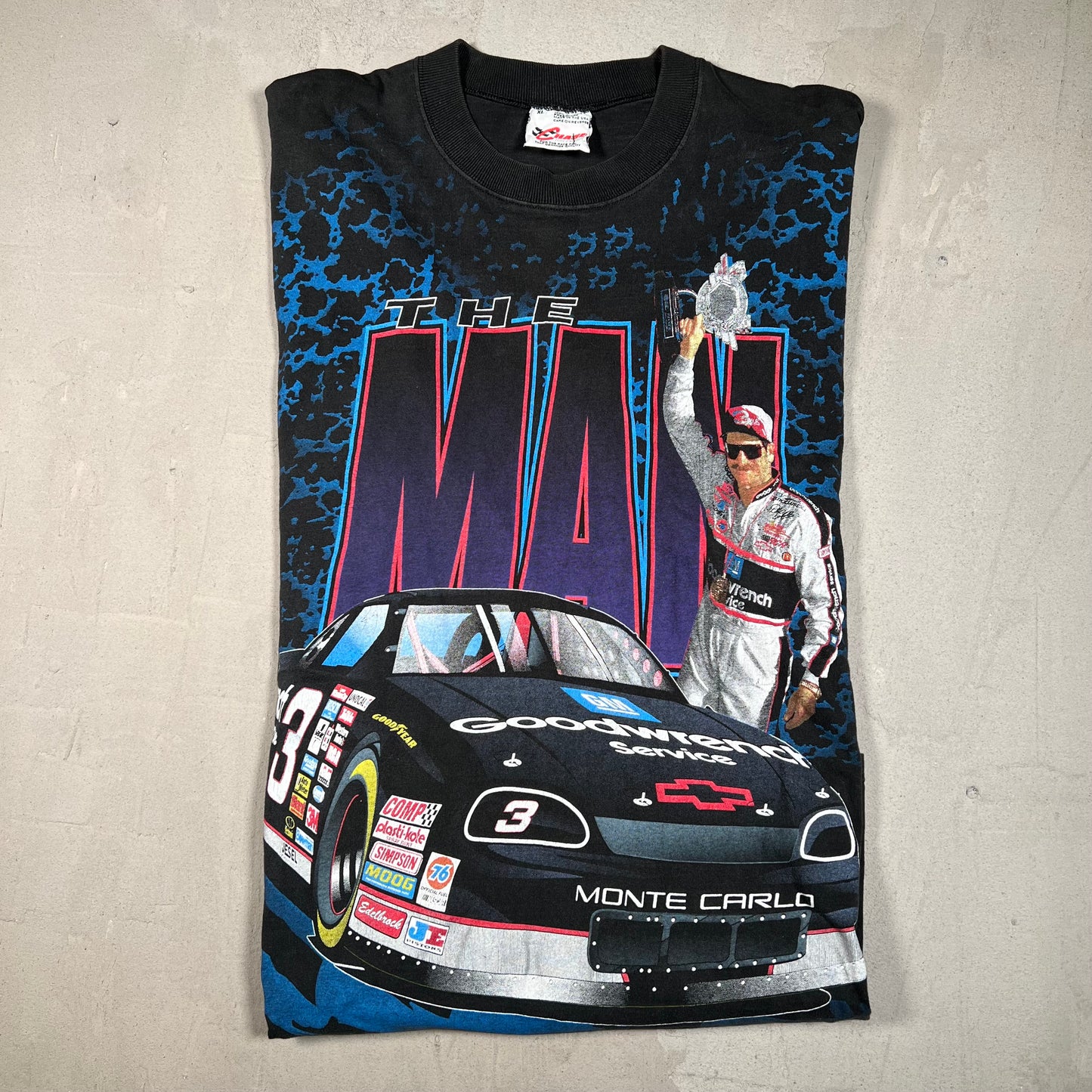 1990s The Man Dale Ernhardt Goodwrench AOP Black Tee Size XL USED v15927