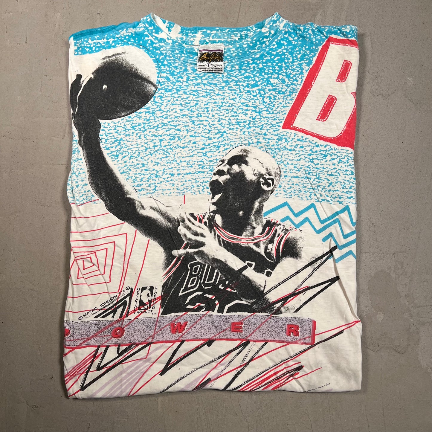 Michael Jordan Magic Johnson Tag Full Print Blue/White Tee Size Medium USED v5615