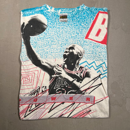 Michael Jordan Magic Johnson Tag Full Print Blue/White Tee Size Medium USED v5615