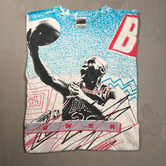 Michael Jordan Magic Johnson Tag Full Print Blue/White Tee Size Medium USED v5615