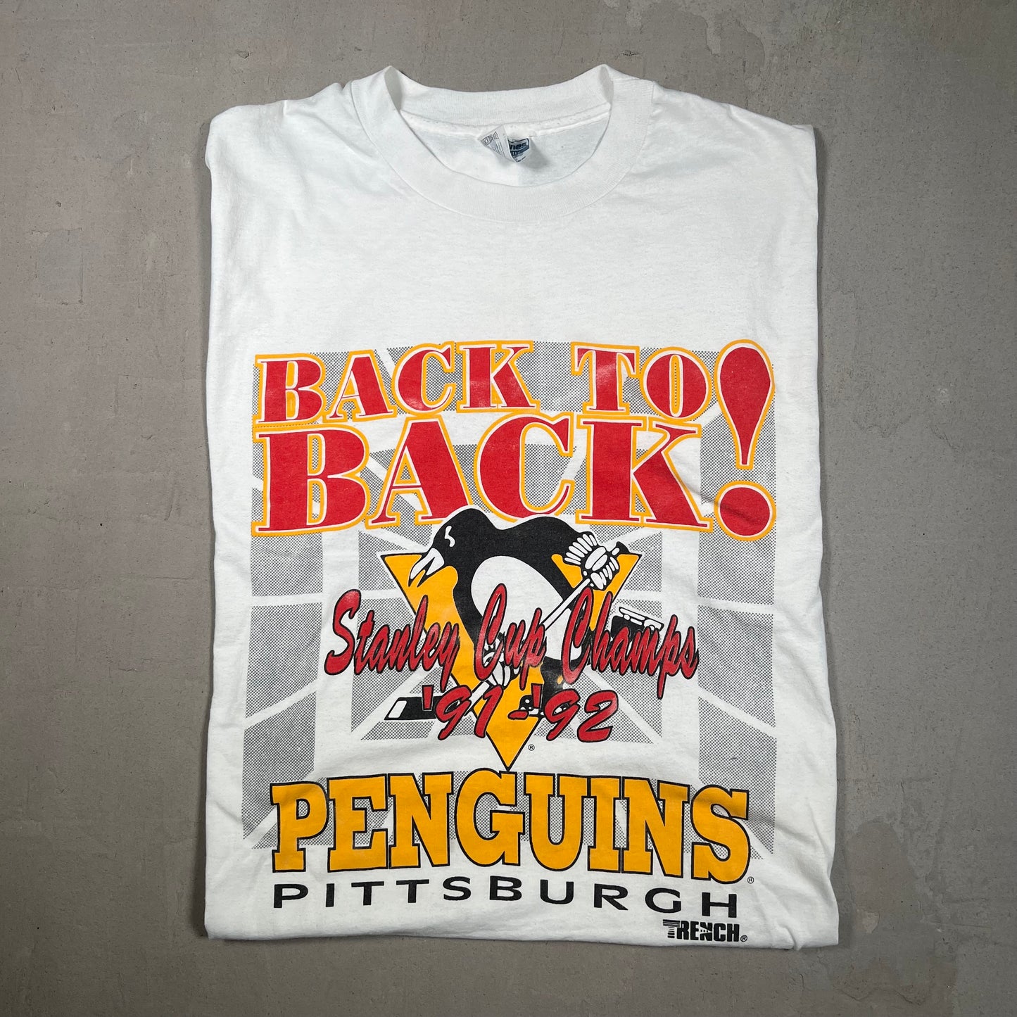 1992 Penguins Stanley Cup Champs White Tee Size XL USED v16675