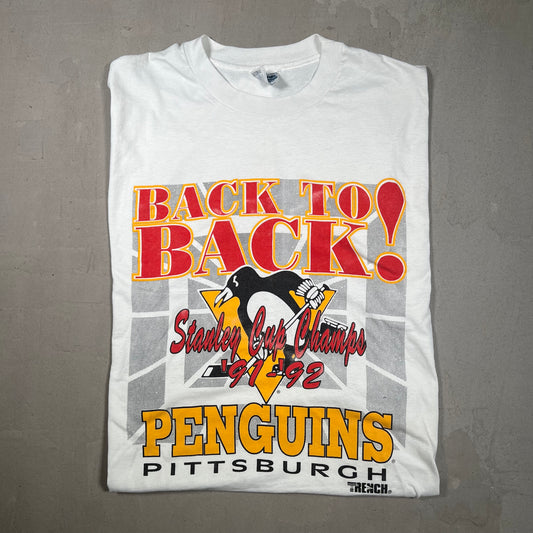 1992 Penguins Stanley Cup Champs White Tee Size XL USED v16675
