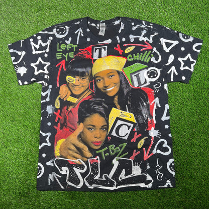 TLC Black Bootleg AOP Rap Tee Size Large USED v18011