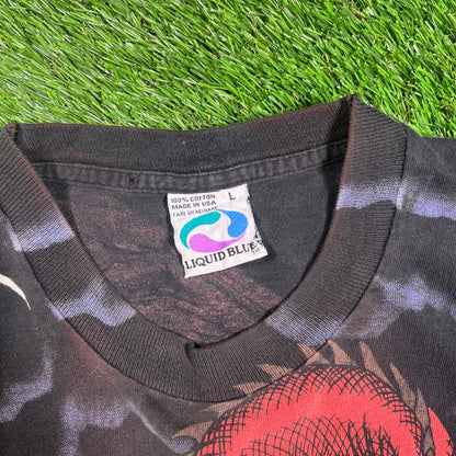 1993 Liquid Blue Dragon Knight AOP Black Tee Size Large USED v17915