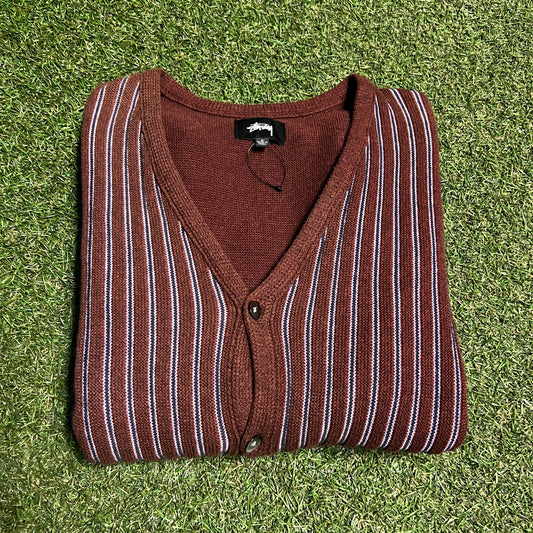 Stussy Brown/Blue Striped Button Up Sweater Size Small USED x13916