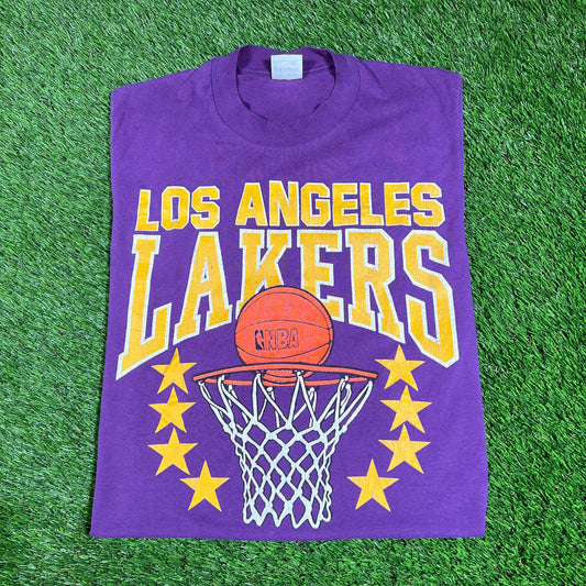 1980s LA Lakers NBA Ball Net Purple Tee Size Medium USED v16676