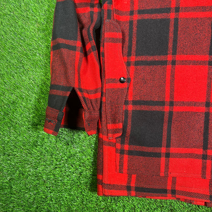 1960s Pendleton Red/Black Plaid Button Up Wool Button Up Size Large USED v18205