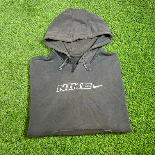 Y2K Nike Block Lettering Washed Black Hoodie Size Large USED v16531