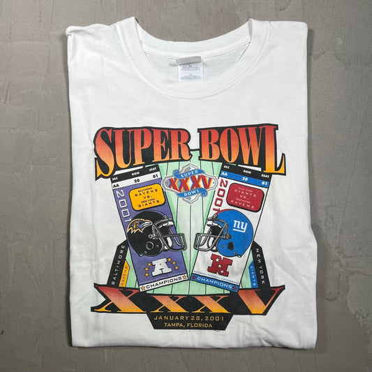 2001 Super Bowl Giants Ravens White Tee Size XL USED v20295