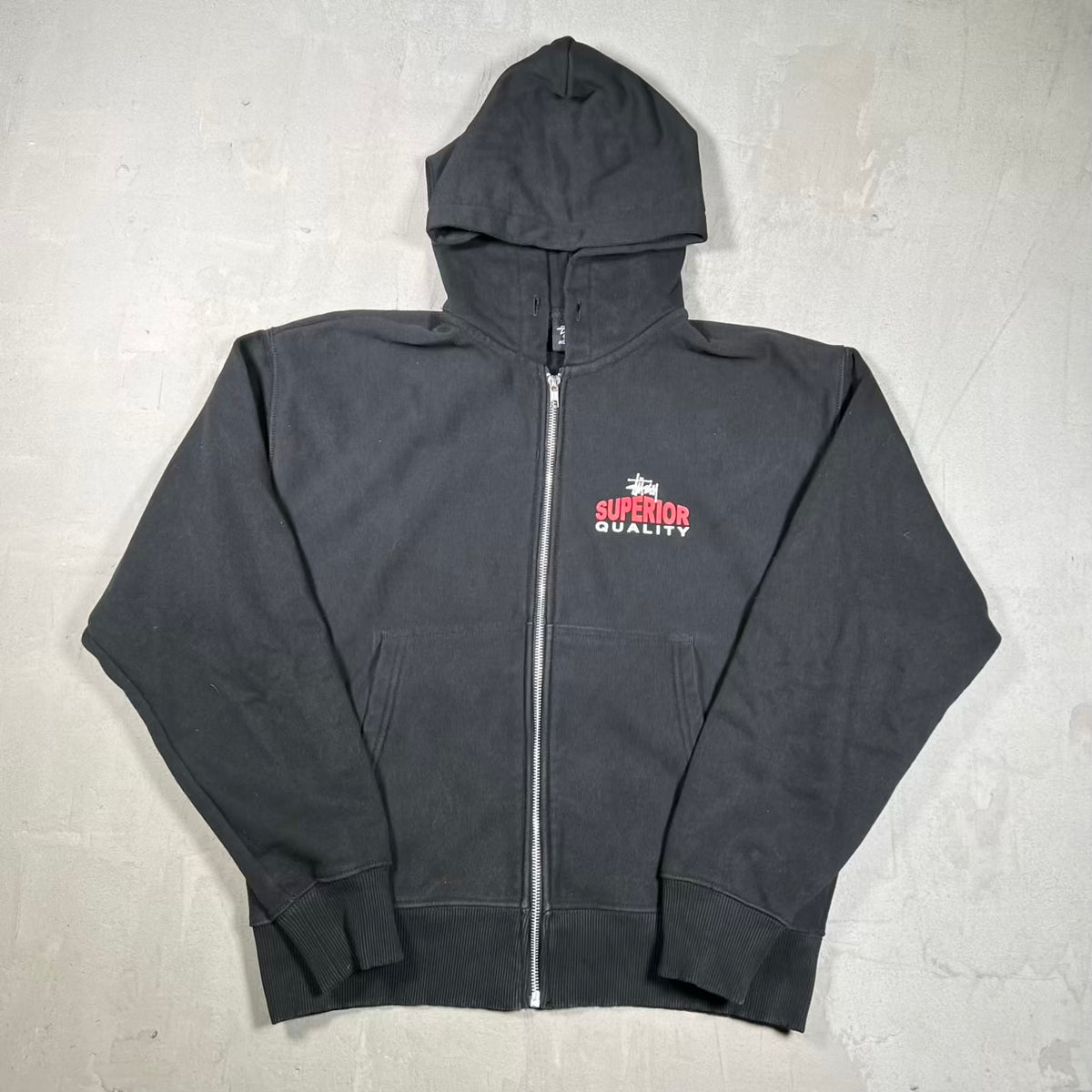 Stussy "Superior Quality" Black Zip Up Hoodie Size Small USED x18898