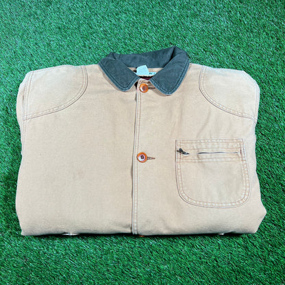 1990s LL Bean Beige Corduroy Button Green Collar Up Jacket Size Large USED v9392