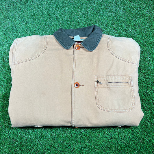 1990s LL Bean Beige Corduroy Button Green Collar Up Jacket Size Large USED v9392