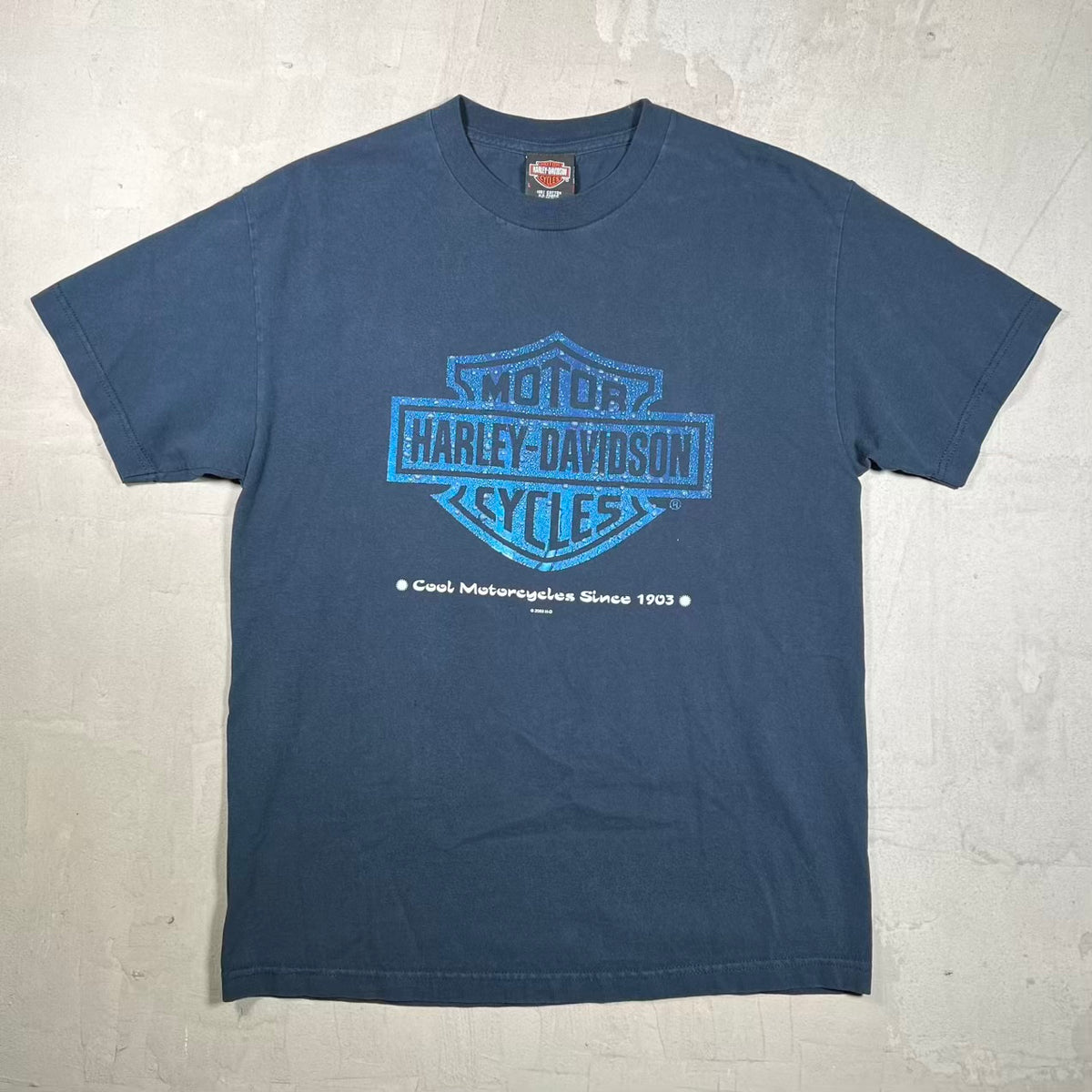 2003 Harley Davidson Navy Water Beaded Logo Tee Size Large USED v20402