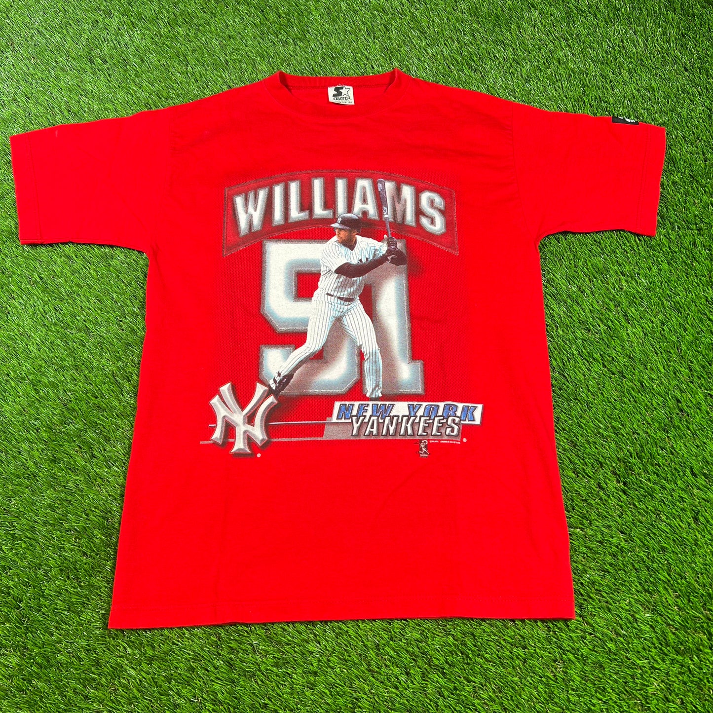 1998 New York Yankees Bernie Williams Starter Red Tee Size Medium USED v16694