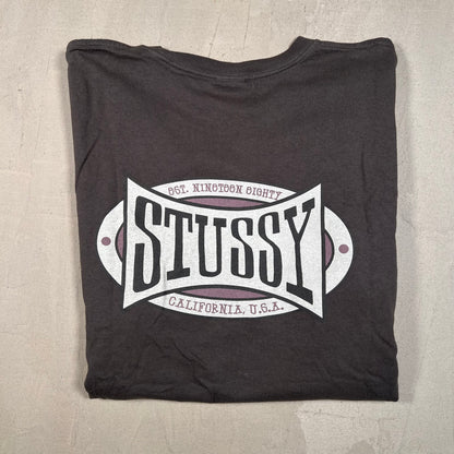 Stussy California Dark Grey Logo Tee Size Large USED x17504