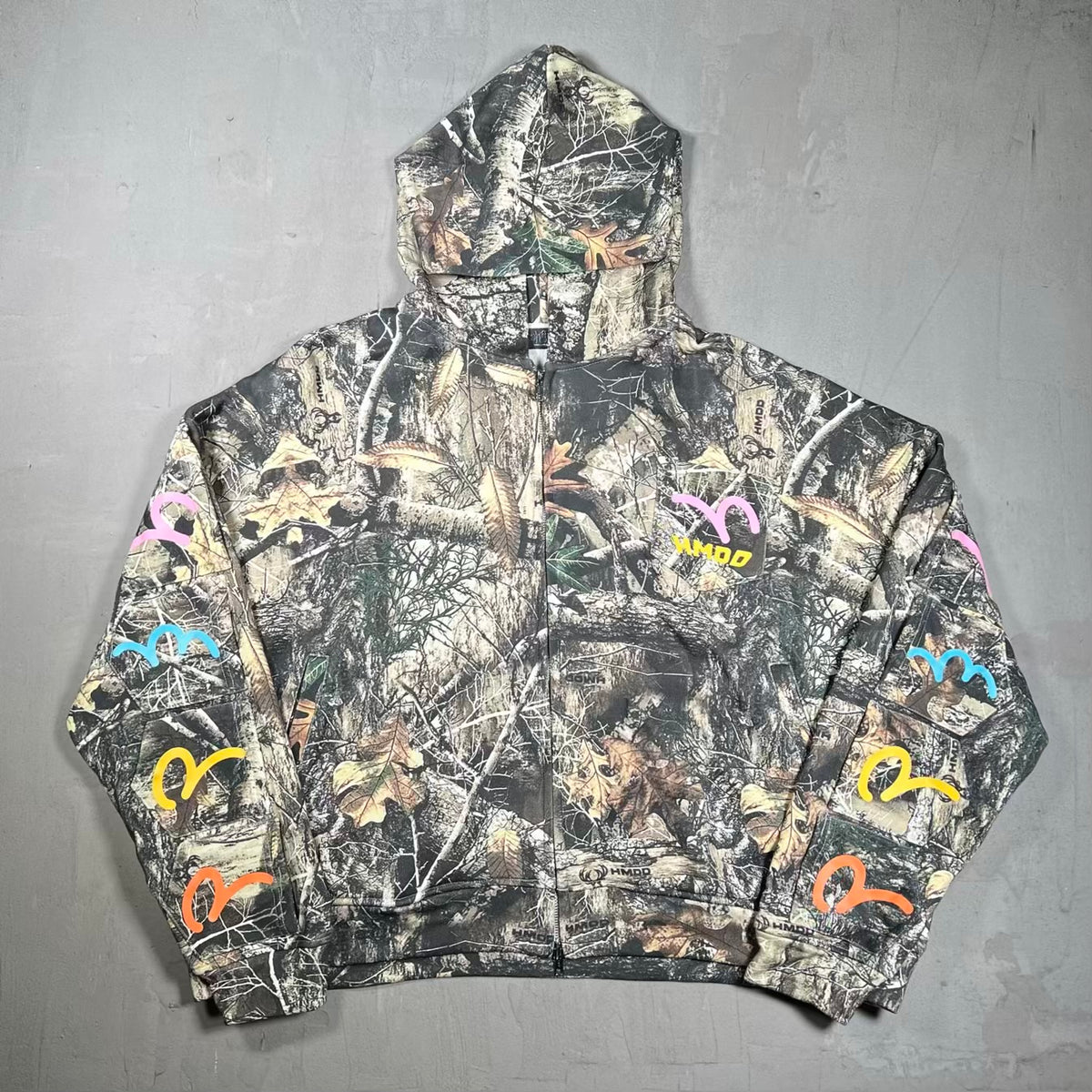 HMDD Camo Multi Pocket Zip Up Hoodie Size Large USED x18680