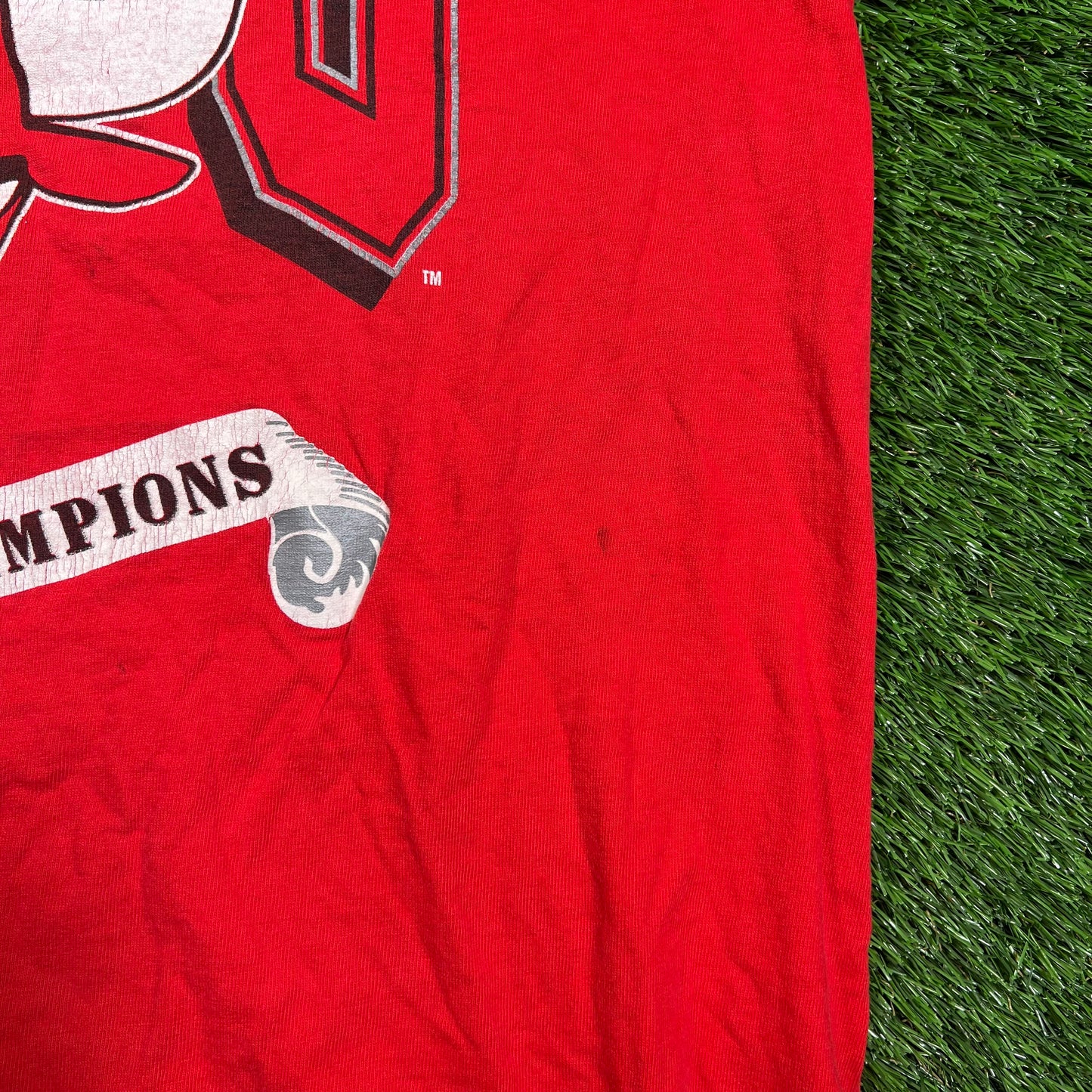 1991 Chicago Bulls Wolrd Champs Red Tee Size Large USED v18634