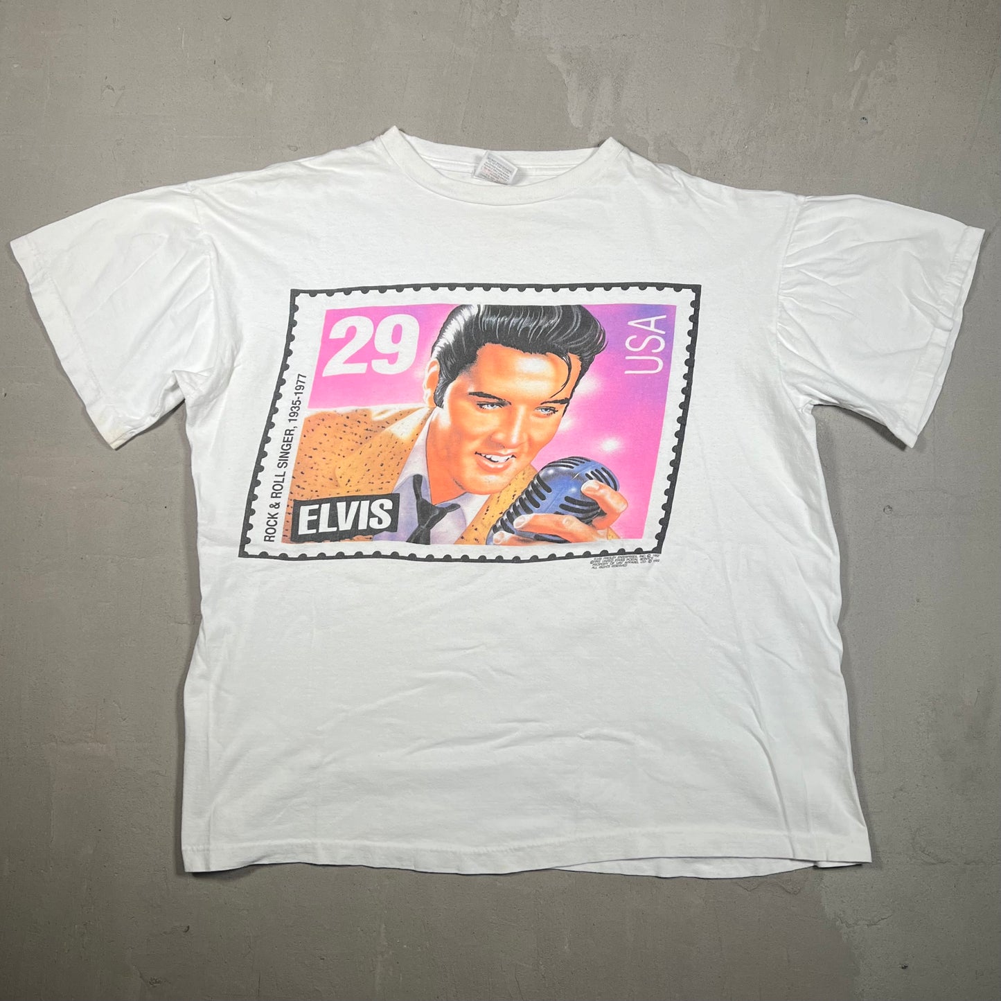 1992 Elvis Presley Pink Stamp White Cropped Tee Size Large USED v19163