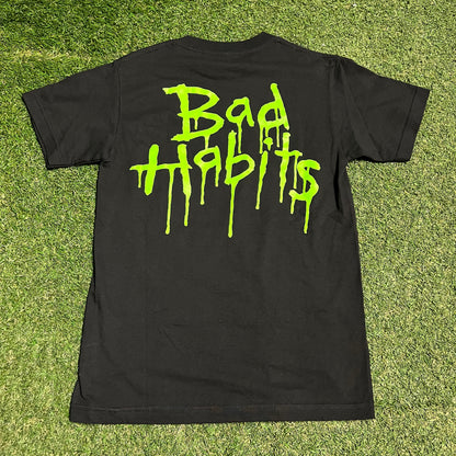 XO Nav Bad Habits Green Print Black Tee Size Small USED v16474
