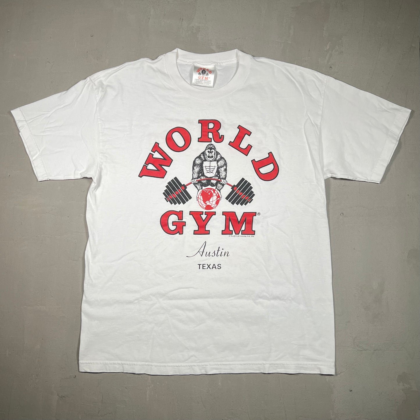 1996 World Gym Austin TX White Tee Size XL USED v18862