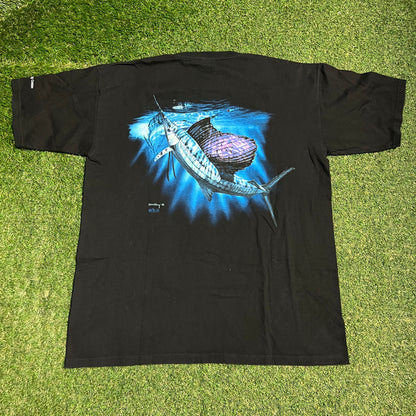 Y2K Blue Marlin "Wild" Tag Black Pocket Tee Size XL USED v16372