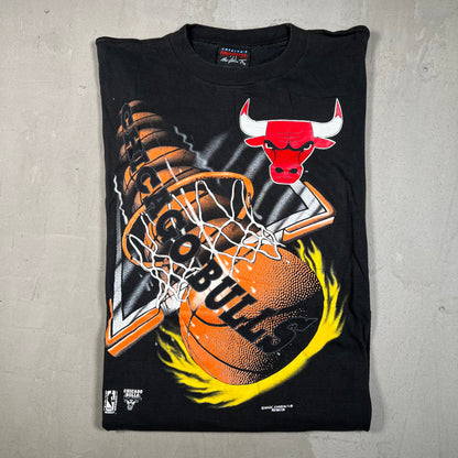 1990s Chicago Bulls Flaming Dunking Ball Black Tee Size XL USED v17807